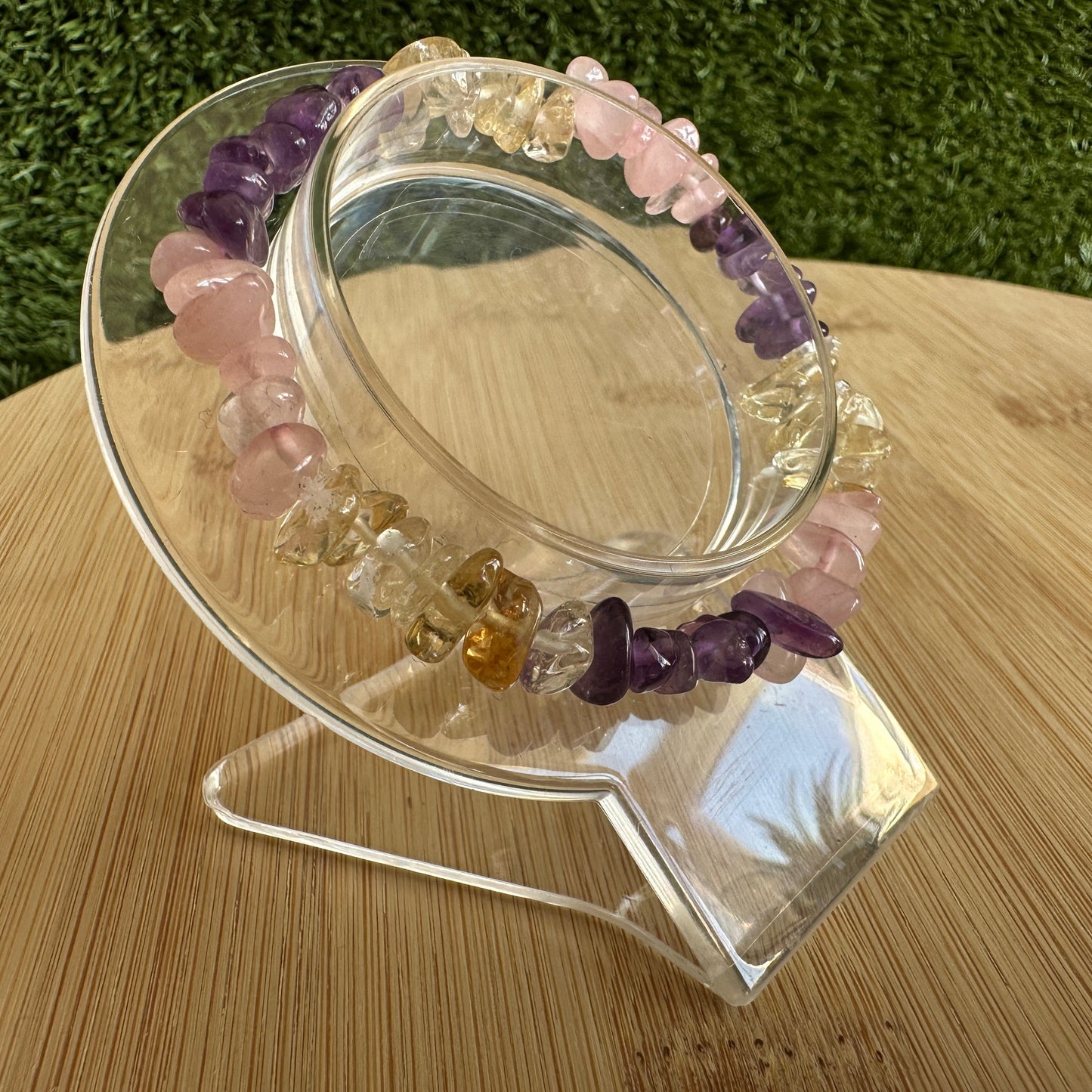 Rose Quartz, Amethyst and Citrine chip bracelet with pink, purple and golden tones for love, calm and joyful energy