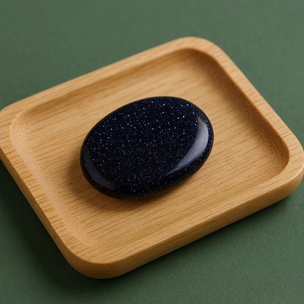 Close‑up of Blue Goldstone showing star‑like shimmer and smooth, soothing shape