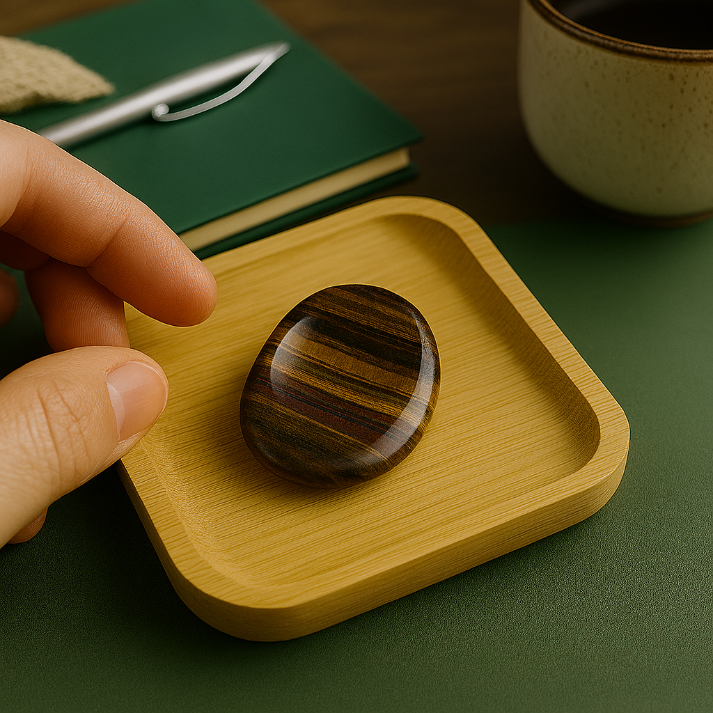 Hand reaching for a smooth worry stone beside a journal and cup, evoking daily mindfulness and grounding rituals.