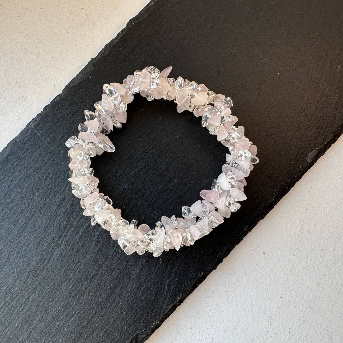 Radiant Harmony: Rose Quartz & Clear Quartz Chip Bracelet