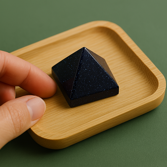 Blue Goldstone pyramid with cosmic sparkle — symbol of ambition, protection, and spiritual guidance