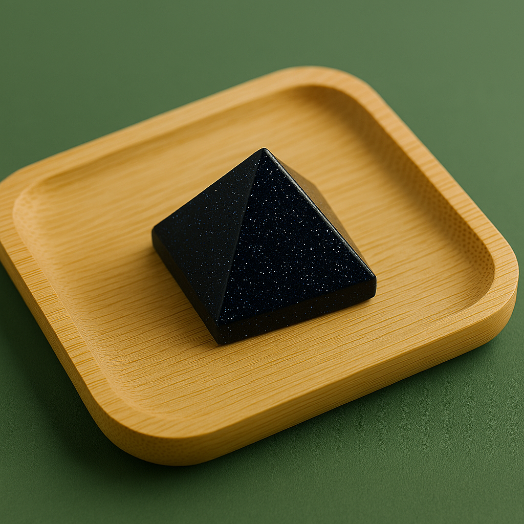 Blue Goldstone pyramid with cosmic sparkle — symbol of ambition, protection, and spiritual guidance