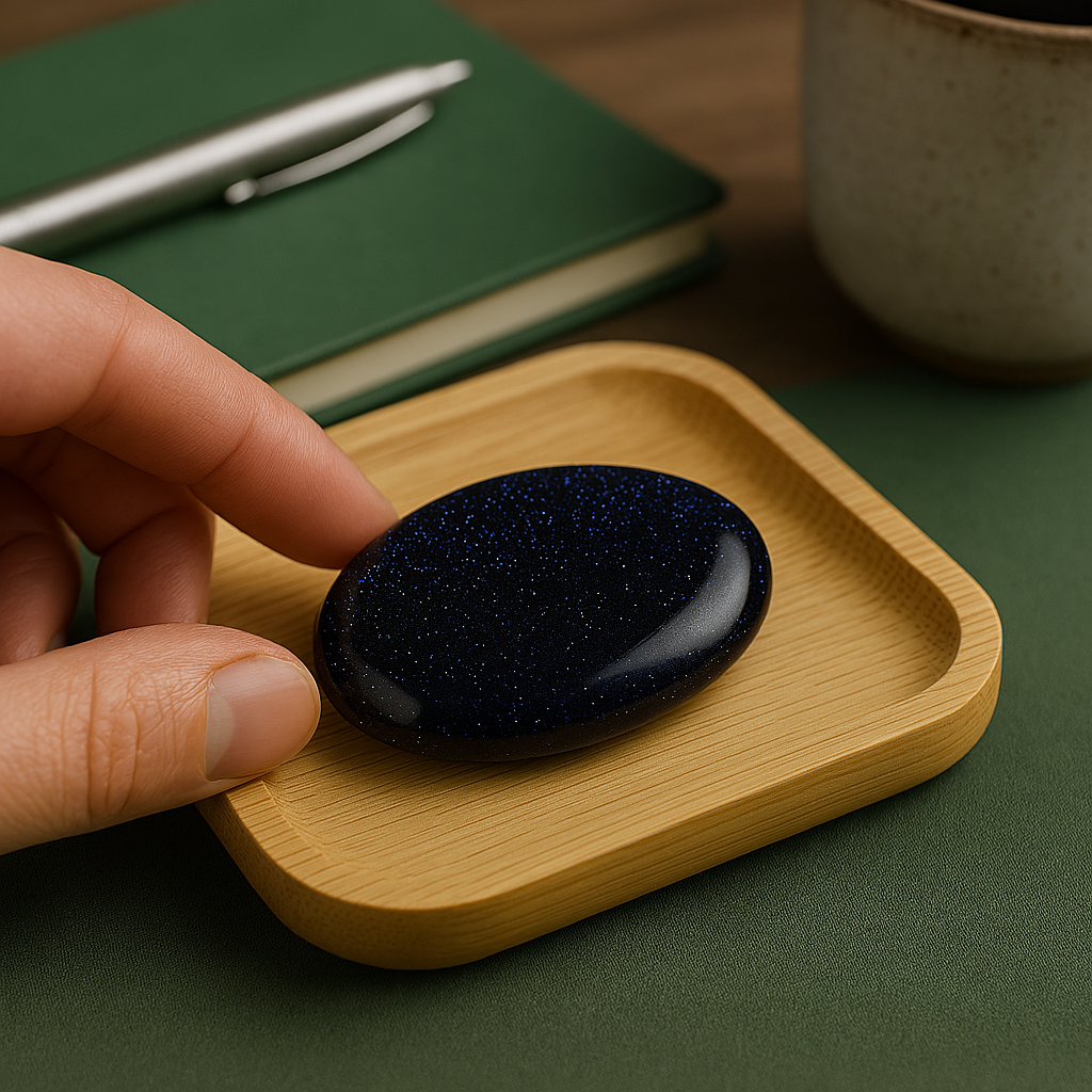 Close‑up of Blue Goldstone showing star‑like shimmer and smooth, soothing shape